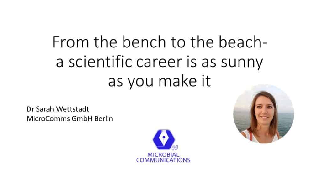Title slide of the webinar on science communication careers by Dr Sarah Wettstadt