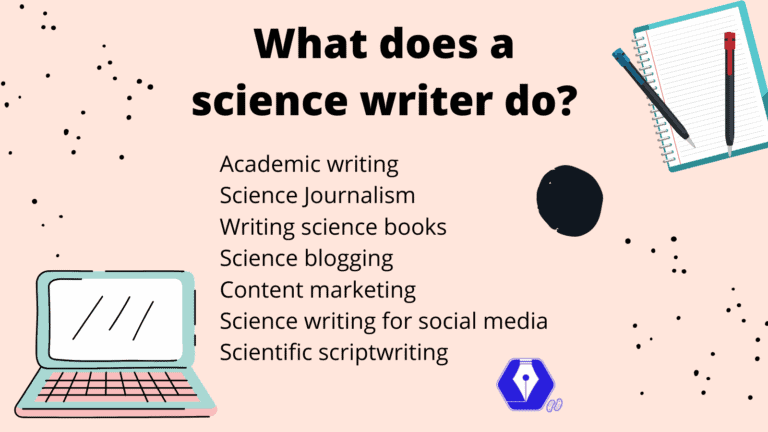 What do science writers do? Academic writing Science Journalism Writing science books Science blogging Content marketing Science writing for social media Scientific scriptwriting