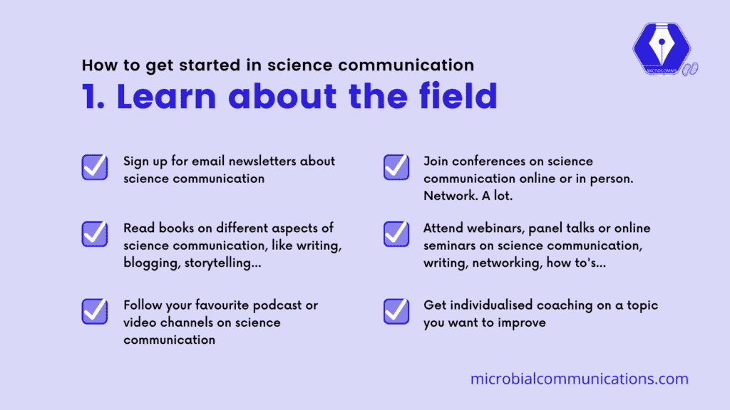 Get started in science communication by learning about the field. 